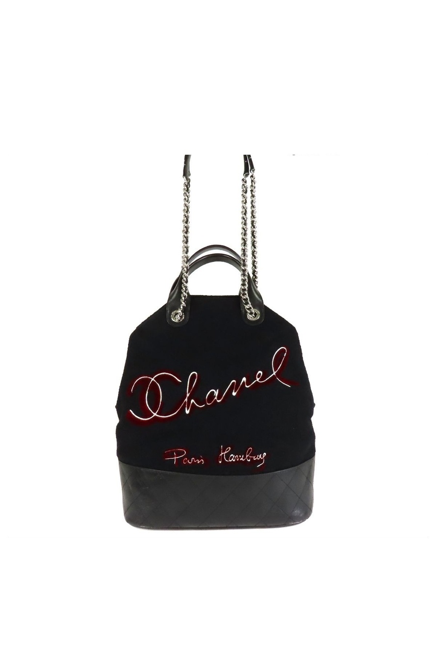Chanel Embroidery Black Silver Wool Leather 2-Way Shoulder Bag